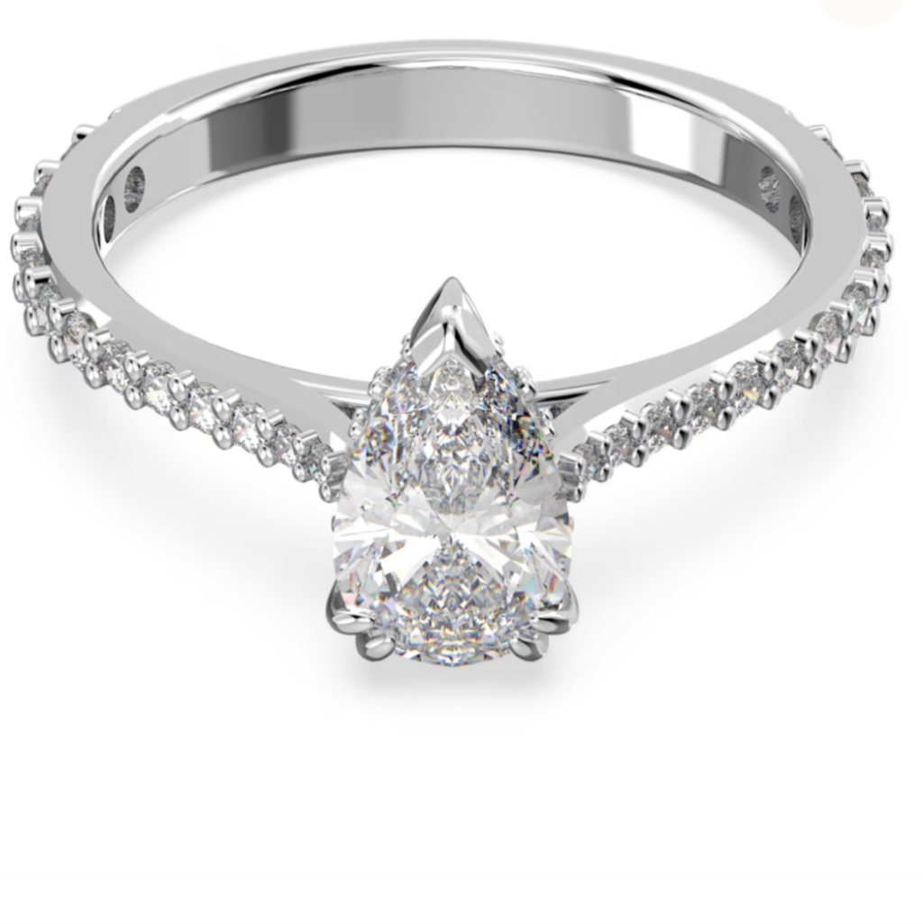 New! Swarovski Cocktail Ring, Pear Cut, Pav, White, Rhodium Plated Size 50/Us 6